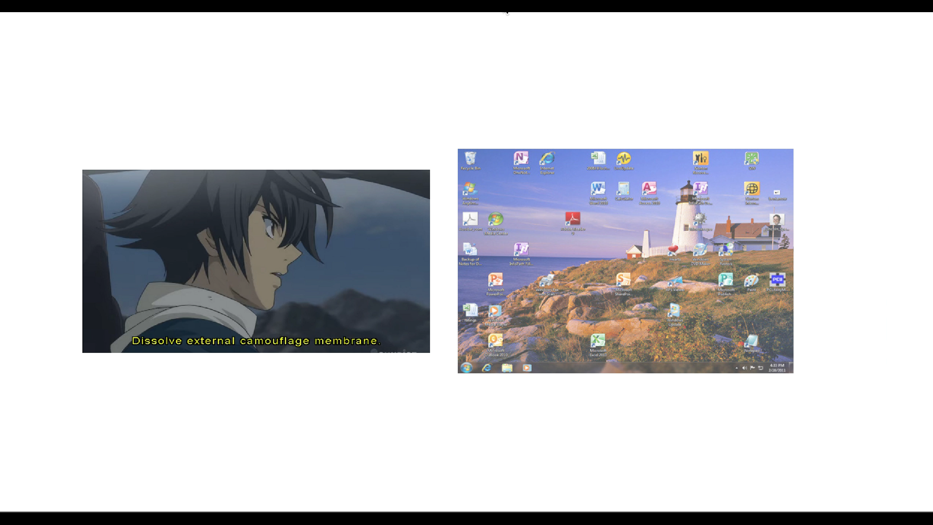 Still from Tom Smith's Core Principles featuring two windows on a white background, one showing an image from an anime and the other a computer desktop